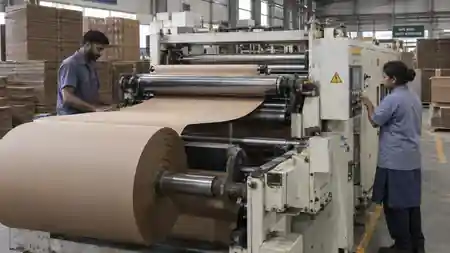 Corrugated packaging production line with factory workers